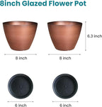 2 Pack Plastic Plant Pots with Drainage Holes, 8 inch Planter for Indoor Outdoor Plant, Garden Flower Pots for Aloe, Herbs, Cactus (Brushed Copper, 2pcs)