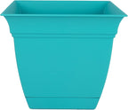 The HC Companies Eclipse Square Plastic Planter w/Attached Saucer - Outdoor & Indoor Plant Pot with Drainage Holes - Lightweight, UV-Resistant Plastic Pots for Plants (10" Teal, Pack of 1)