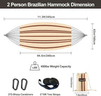Brazilian Double Hammock with Tree Straps,Extra Large 94x63IN,2 Persons Hammock for Backyard Patio Outdoor and Indoor,450lbs Weight Capacity,Soft Woven Cotton Fabric - Beige Brown Stripe