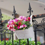 3 Pack Metal Railing Planters, 10.5" Oval Hanging Flower Pots with Detachable Hooks & Drainage Holes, Fits Rails up to 2.36", Galvanized Iron Fence Bucket for Balcony Garden Patio - Letter White
