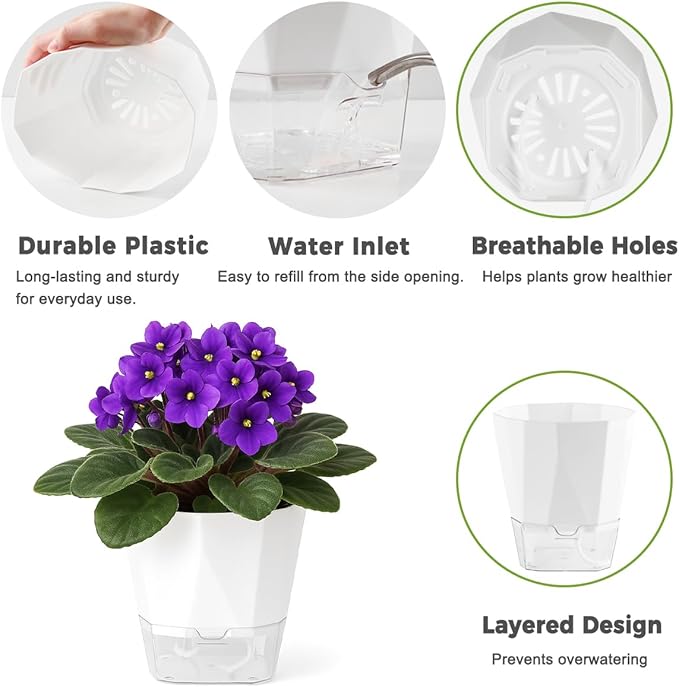 6 Pack Self Watering Pots for Indoor Plants, 8.4 Inches Self Watering Planters Large African Violet Self Watering Clear Pots for Plants Large Herb Orchid Flower Houseplant Pots, White