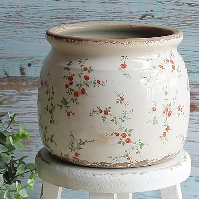 Cottagecore Ceramic Plant Pots, 6.29in French Country Floral Vase & Planters Indoor with Drainage, Distressed Cottage Farmhouse Home Decor for Balcony Bookshelf Table Centerpieces, Gifts for Grandma