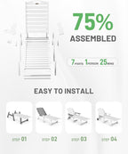 Lounge Chair Outdoor, Chaise Lounge Outdoor, HDPE 6-Position Lounge Chair for Outside, Patio Lounge Chair with Wheels & Cup Holder for Pool Poolside Deck Backyard, White