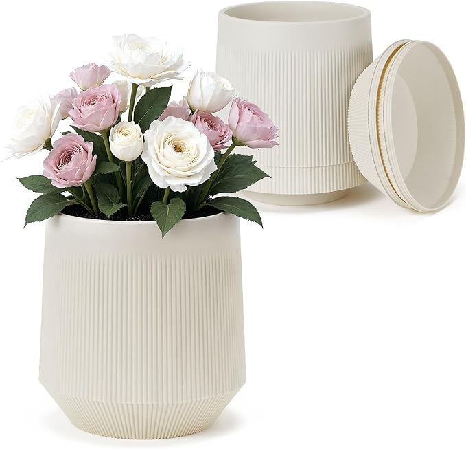 Plant Pots，Set of 3 Plastic Pots for Indoor Plants,Flower Pots Outdoor Planters with Drainage Hole and Seamless Saucer,Milky-Yellow