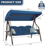 3-Seat Outdoor Porch Swing with Stand, Patio Swing with Canopy, 2 in 1 Porch Swing Bed & Patio Swing Chair for Adult w/Extra Pillows and Cup Holder for Yard (Blue)