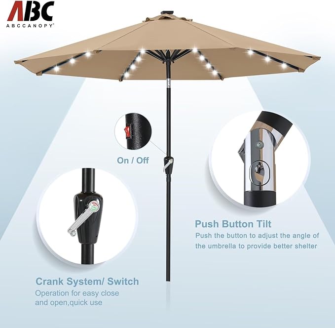 ABCCANOPY Outdoor 11FT Solar Led Patio Umbrellas with 32LED Lights (Tan)