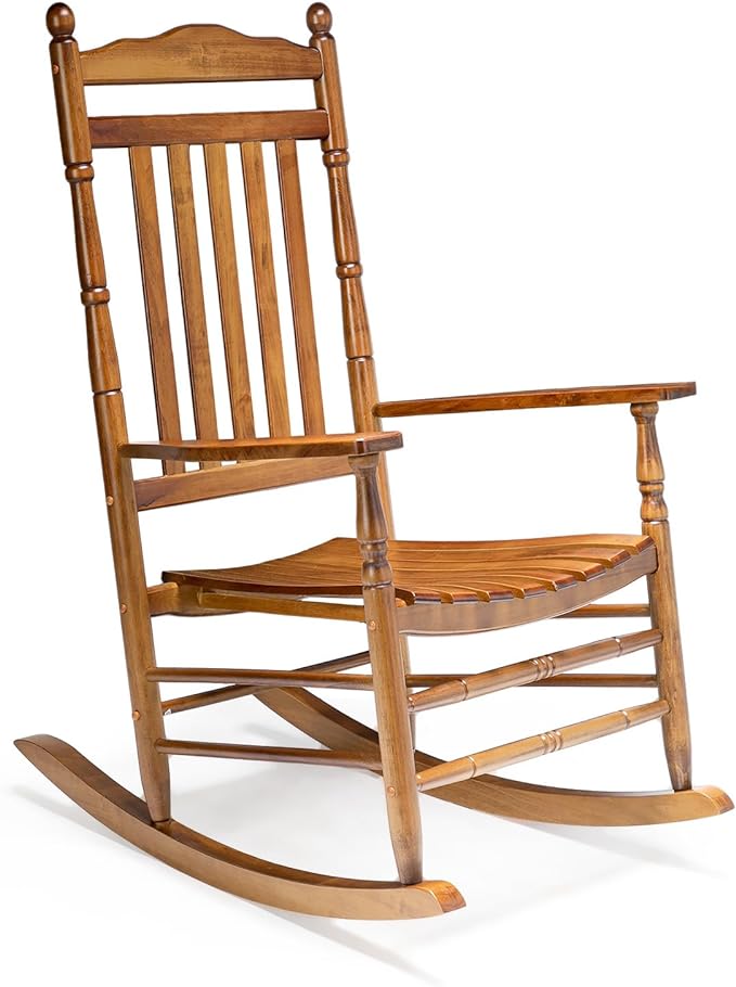 VINGLI Wooden Rocking Chair, Outdoor Chair with 450 lbs Support, Relaxing Rocker with Solid Wood High Back Seat Reclining Seat for Deck, Garden, Backyard, Porch, Indoor or Outdoor Use (Teak, 1PC)