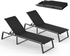 Aluminum Chaise Lounge Outdoor Set of 2, Foldable & Assembly Free Patio Pool Lounge Chairs 5-Position Recliner for Outside Poolside, Fully Grounded Legs Sun Lounger for Beach, Yard, Black