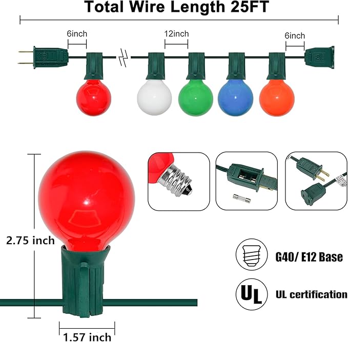 String Lights, 25 Ft G40 Ceramic Multicolor Bulbs, Indoor and Outdoor Use
