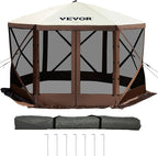 VEVOR 12 * 12ft 6 Sided Pop-up Canopy Shelter Tent with Mesh Windows, Portable Carry Bag, Stakes, Large Shade Tents for Outdoor Camping, Lawn and Backyard, Brown/Beige