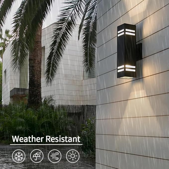 Outdoor Wall Light, Black Aluminum Up-Down Sconce with 3-Sided Frosted Glass