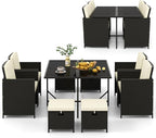 Tangkula 9 Pieces Outdoor Dining Furniture Set, Space-Saving Wicker Rattan Chairs & Tempered Glass Table with Ottomans, Cushioned Seat, Patio Conversation Set for Garden Yard Poolside