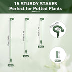 15-Pack Adjustable Plant Support Stakes with Movable Clips, 3-Size(6.7/10.6/14.6in) Green Garden Stakes for Potted Plants Indoor Outdoor, Orchid Tomato Rose Single Stem Support, Sturdy & Reusable