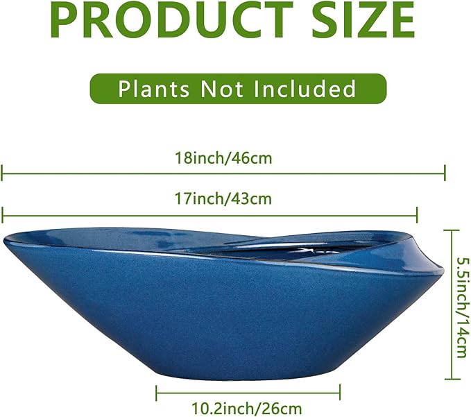 Planter Pot 18 Inch Blue Ceramic with Drainage Hole for Bonsai and Succulents