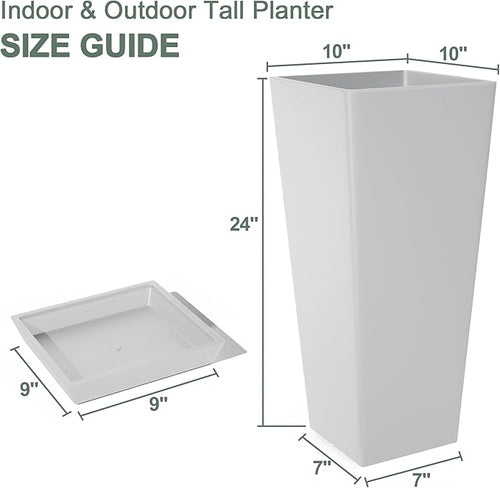 24" Tall White Planters for Outdoor Plants Set of 2, Large Flower Pots Planters with Drainage Holes & Tray, Modern Indoor Tapered Tall Planter for Front Porch