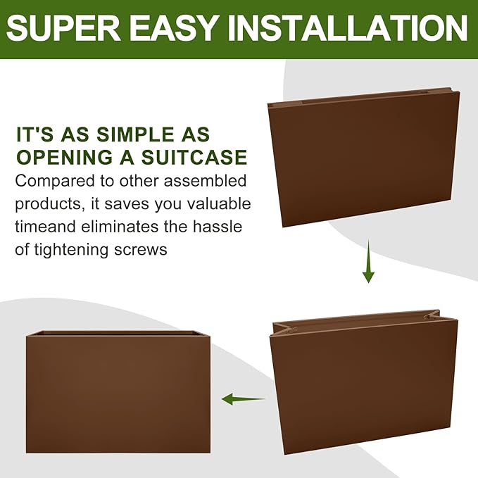 Galvanized Steel Planter Box-No Installation Required Metal Rectangular Block Long Box Planter Modern Outdoor Planters All-Weather Use with Drainage Holes for Patio/Porch, 36×24×12IN（Brown）