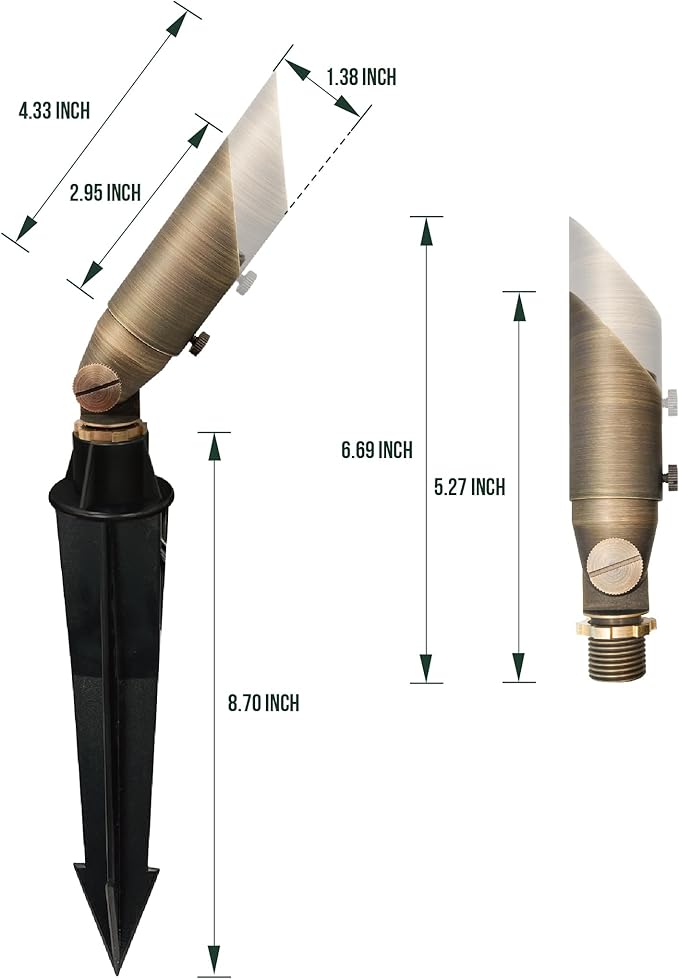 GKOLED Low Voltage Solid Brass LED Spotlight with MR8 Bulb, Outdoor Waterproof Landscape Lighting, Adjustable Uplights with Stake for House Garden Trees Lawn Patio Yard Fence, 3W 12V 180LM 2700K