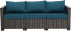 WAROOM Patio Couch PE Rattan 3-Seat Outdoor Sofa Brown Wicker Furniture Set Deep Seating with Anti-Slip Peacock Blue Cushion