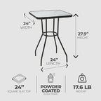 Four Seasons Courtyard Sunny Isles 24 Inch Outdoor Patio Bistro Dining Table Backyard Squared Furniture with Tempered Glass Tabletop, Black