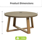 Indoor Round Coffee Table with 35.5” Woodgrain Finish Table Top, Outdoor Metal Modern Side Table 125lbs for Backyard Porch Balcony Living Room, Brown