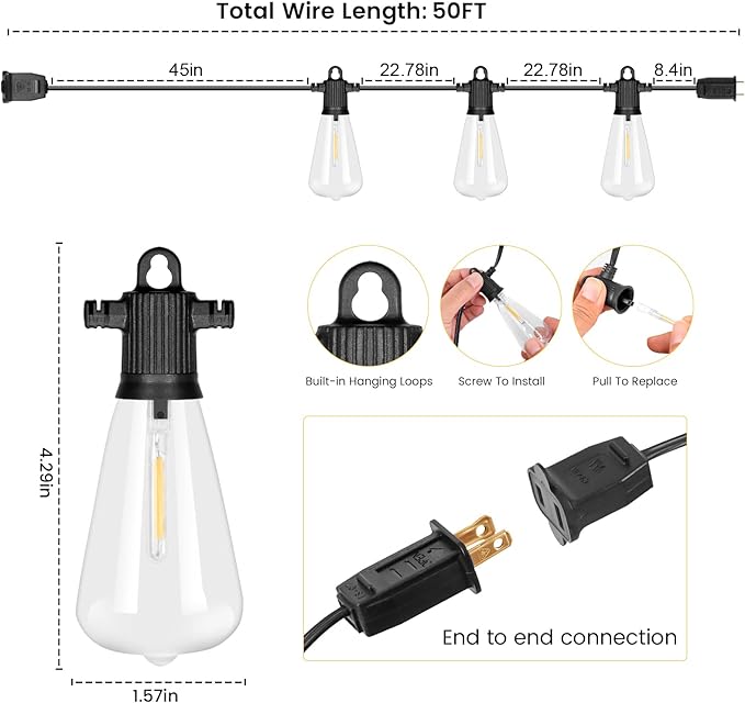 String Lights, 50 Ft Vintage Edison-Style Bulbs, Warm White, IP65 Waterproof