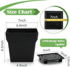 6-Pack 7'' Square Planters with Built-in Drainage Tray – Heavy-Duty Black Plastic Planter with Drainage Hole and Bottom Stopper, BPA-Free Plant Pots Matte Finish for Indoor Outdoor