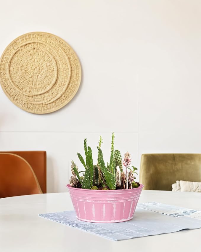 vensovo 10 Inches Pink Metal Rustic Plant Pots - 4 Pcs Large Shallow Galvanized Planters with Drain Hole and Rubber Plug, Rustproof Tin Bucket Succulent Pot Indoor Farmhouse Vintage Style for Decor