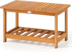 Tangkula Outdoor Acacia Wood Coffee Table, Patio 29.5” Rectangle Slatted 2 Tier Coffee Table with Storage Shelf, for Outside Balcony Patio Poolside