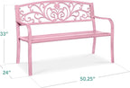 Best Choice Products Outdoor Bench Steel Garden Patio Porch Furniture for Lawn, Park, Deck w/Floral Design Backrest, Slatted Seat - Pink