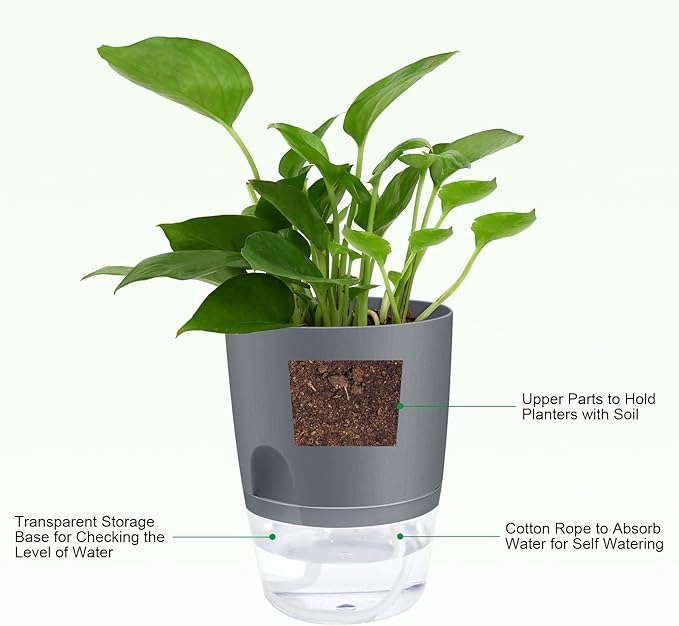 ShineMe Self Watering Flower Pots, 4.1 Inch Self Watering Planters for Indoor Plants, 6 Pack Plastic Plant Pots for African Violets, Herbs, Aloe, Peace Lily with Absorbent Cotton Rope (Gray)