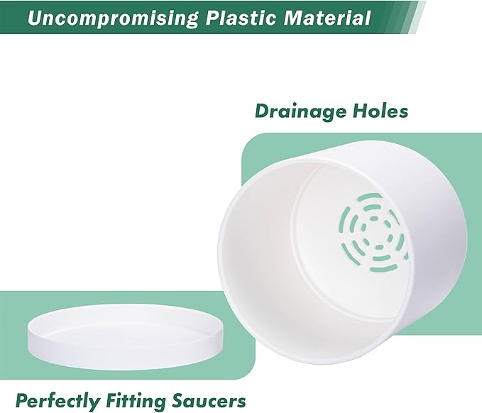 Planter Pots, Set of 2 Matte White Plastic Modern Planters with Saucers