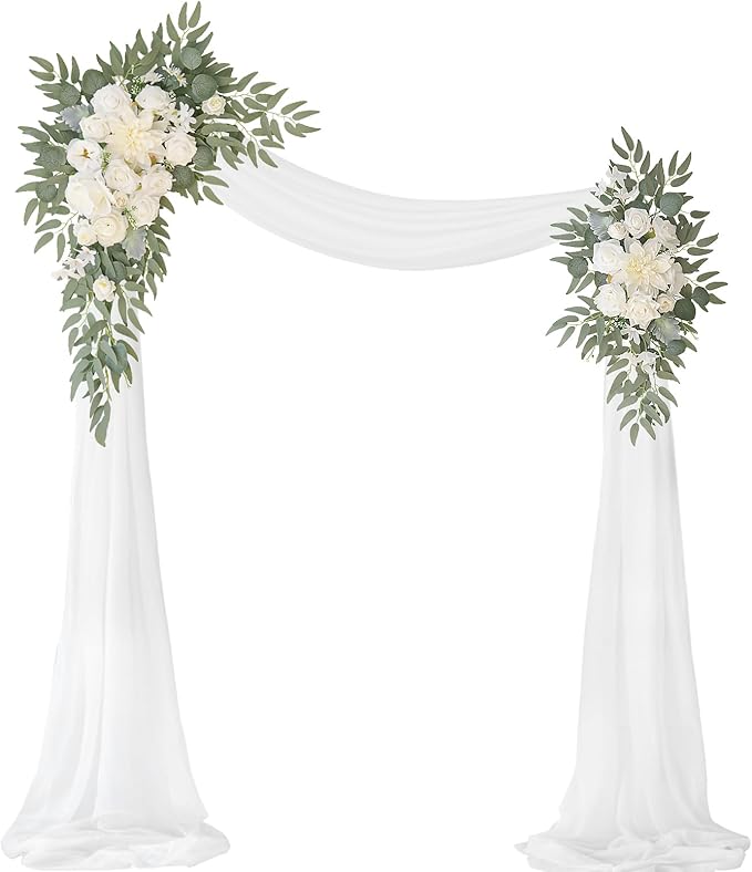 Artificial Flowers Wedding Arch Swag Kit, White Roses, Chiffon Drape, 3 Pieces