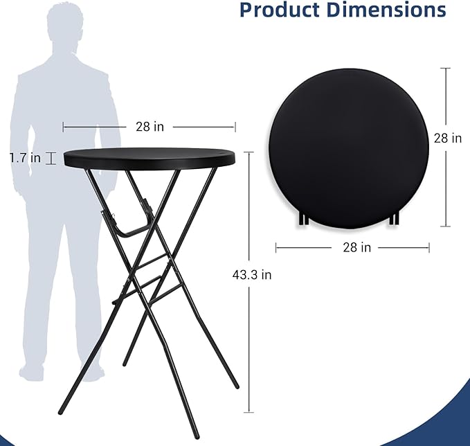 Cocktail Table 28in Folding Round High Top Indoor – Black- 2PCS