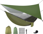 Camping Hammock with Rain Fly Tarp and Mosquito Net Tent Tree Straps, Portable Single Double Nylon Parachute Hammock Rainfly Set for Backpacking Hiking Travel Yard Outdoor Activities Green