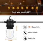 50FT LED Outdoor String Lights with 16 Shatterproof Waterproof S14 Replaceable Bulbs(1 Spare), 2700K Commercial Grade Patio Lights, Outside Hanging Light for Yard Garden Porch Deck Decor
