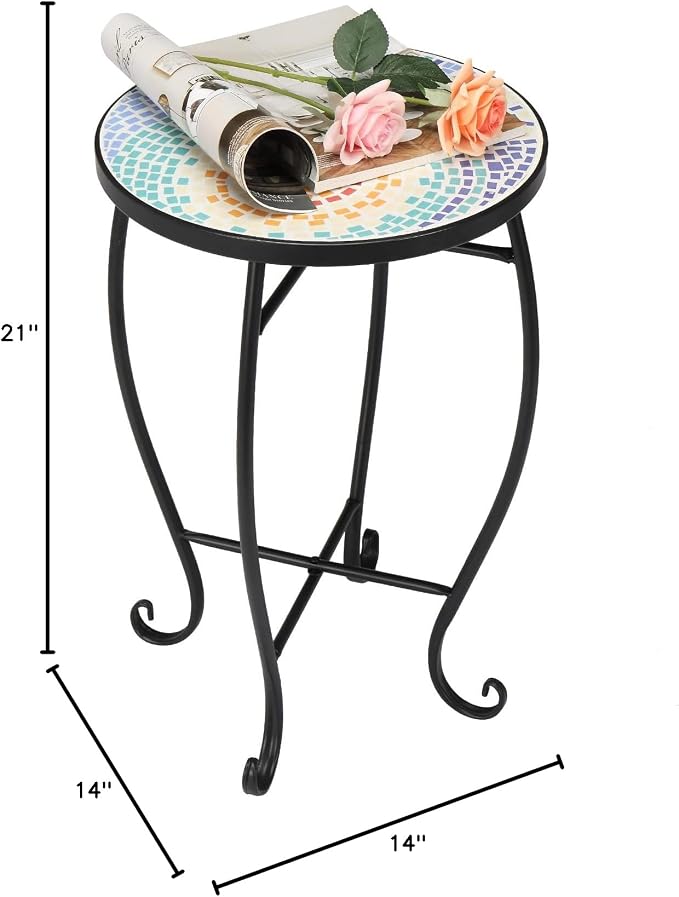 Round Side Table, 14-Inch Glass Top Plant Stand, Blue Mosaic