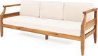 Christopher Knight Home Aston Outdoor 3 Seater Sofa, Upholstered Cushion Couch, Acacia Wood Bench Sofa, Slat Armchair, 73.25" W Spacious Seating Bench Couch for Gardern Porch Balcony, Teak+Beige