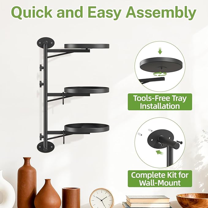 iDavosic.ly Rotating Window Plant Shelves, 3-Tier Metal Wall Stand with 2 Hooks, Flower Display Holder Rack for Living Room, Space Saving, Modern Black (Pots/Chains/Plants Not Included)