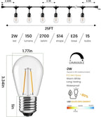 Svater 25 FT Outdoor String Lights 2W, Patio Light for Outside with 9 Antique S14 Plastic LED Bulbs, IP65 Waterproof Hanging Cafe Market Lighting, ETL-Listed Dimmable Warm White 2700K