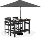 SERWALL Outdoor Bar Set with 9ft Umbrella, All-Weather HDPE Patio Bar Chairs and Table, Outdoor Furniture Set for Poolside, Backyard, Garden - Black