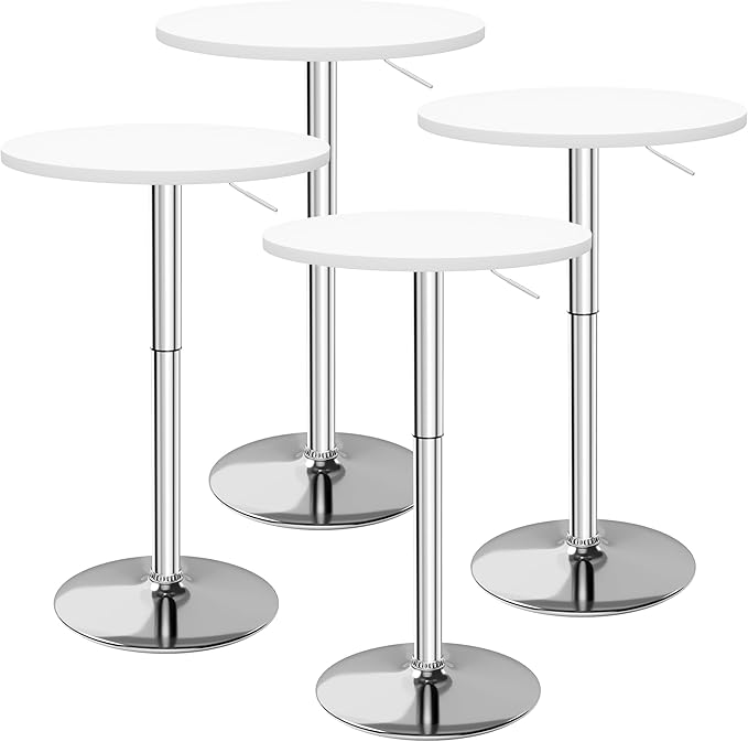 Flamaker Round Bistro Pub Table 23.6 Inch Height Adjustable 360° Swivel Bar Table Metal Base for Pub, Dining Room, Party (4, White-Silver)
