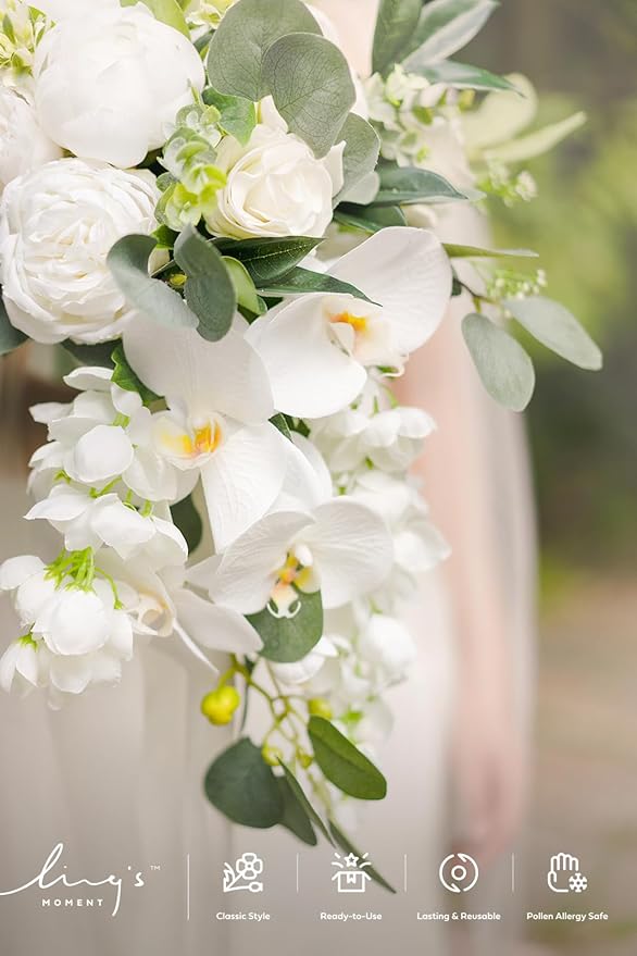 Artificial Flowers Cascading Bridal Bouquet, Faux Silk Peony & Rose