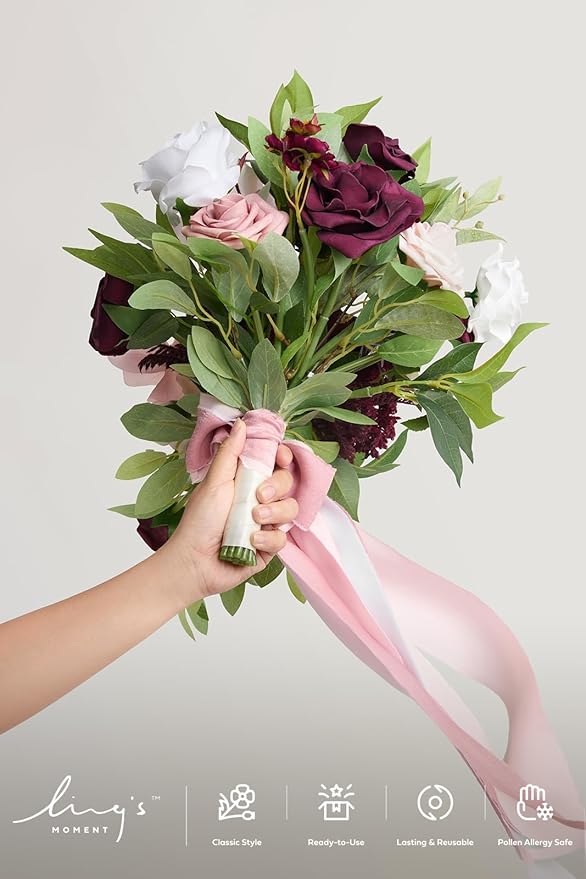 Artificial Flowers Bridal Bouquet, Marsala and Blush Silk Roses, 13 in Wide