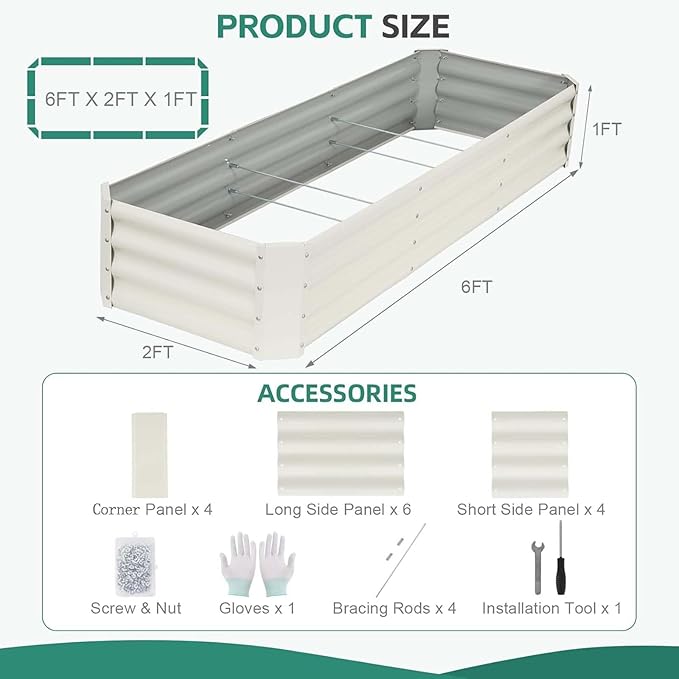 Galvanized Raised Garden Bed - 6x2x1ft (2Packs) Metal Garden Planter Box Outdoor | Steel Raised Bed Kit with Bracing Rods, Gloves for Gardening Vegetables Fruits and Flowers (White)