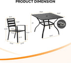 VINGLI 5-Piece Outdoor Dining Set, Metal Patio Dining Set for 4, Square Dining Table with Umbrella Hole & 4 Patio Chairs for Porch, Balcony and Backyard