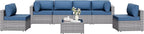 Shintenchi 7 Pieces Outdoor Patio Furniture Sets, Patio Sectional Sofa Couch, Silver Gray PE Wicker Furniture Modular Patio Conversation Sets Patio Sofa with Washable Cushions (Aegean Blue)