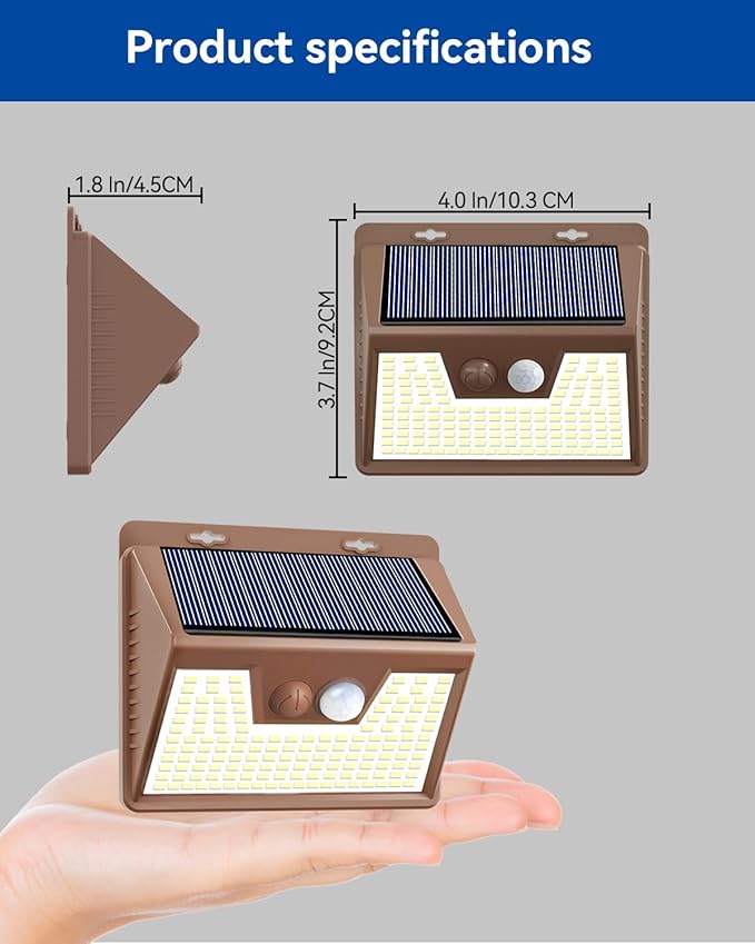 Peasur Brown Solar Lights Outdoor Waterproof, 4Pack 140LED Solar Powered Motion Sensor Lights, 3 Modes Solar Security Wall Lights for Fence Garden Yard Outside Cool White