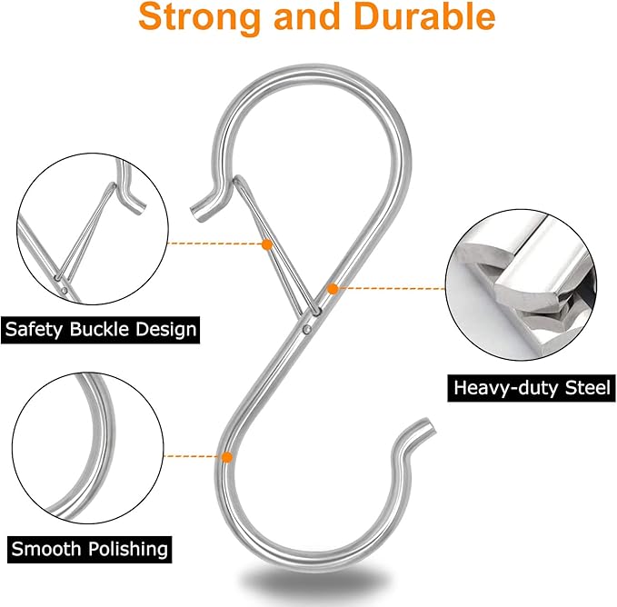 8 Pack S Hooks for Hanging, 3.5 inch Heavy Duty S Hooks with Safety Buckle S Shaped Hooks Kitchen Pot Rack Hooks Closet Hooks for Hanging Plants, Clothes, Kitchen Utensil, Bags (Silver)