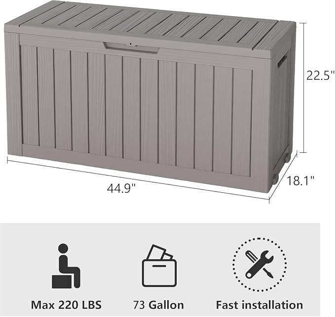 Deck Box, 73 Gallon Grey Resin Outdoor Storage Box with Lockable Lid