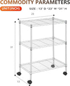 BestOffice | 3-Tier Wire Storage Shelves with Wheels | 23x13x31 | Chrome | Adjustable Racks | Heavy-Duty Metal Shelf, Holds Upto 170 lbs | No-Tool Assembly | Ideal for Home & Garage Shelving